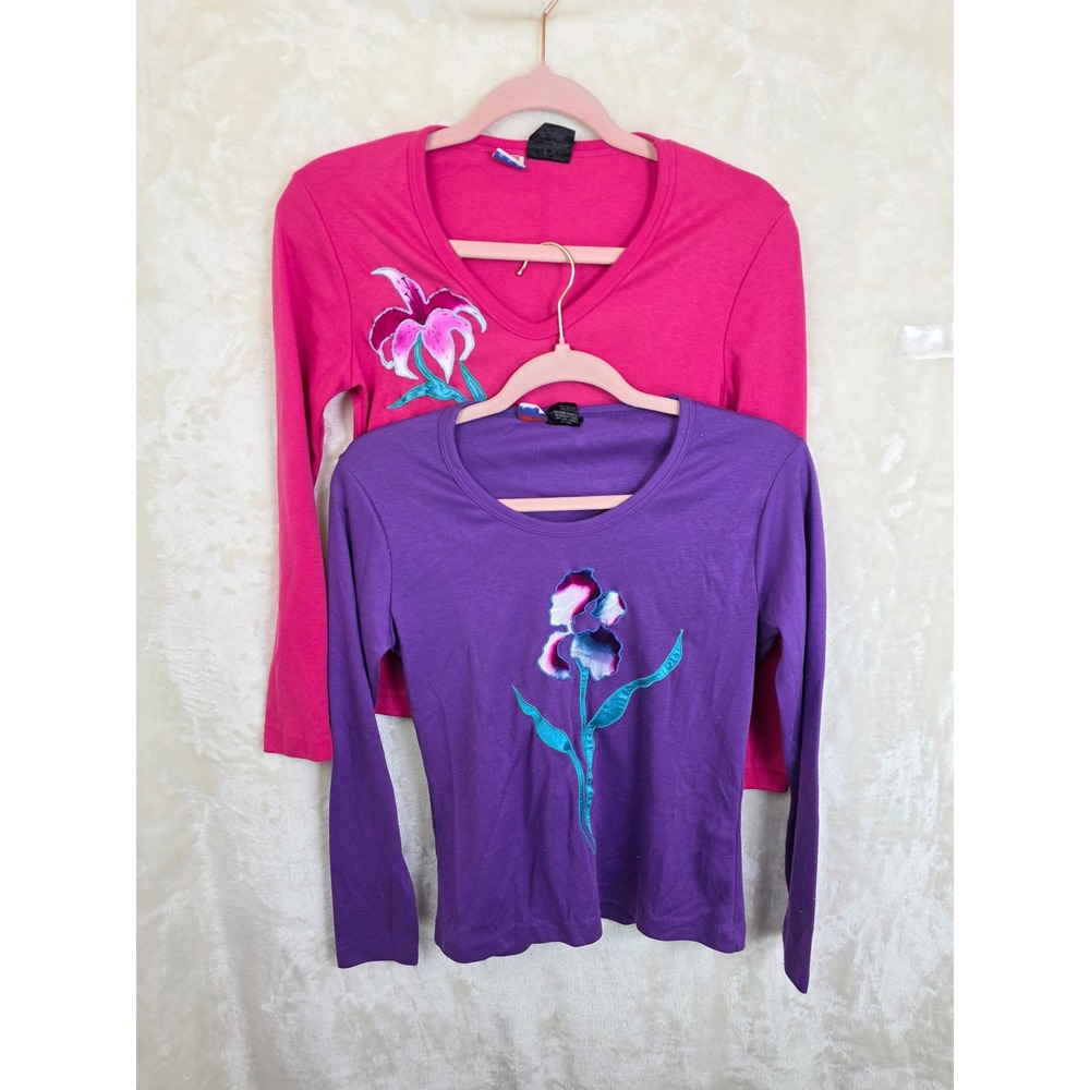 Vintage T-Flint Floral Applique Long Sleeve Tops Set Pink Purple Made in USA S M